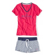 Dámský modro-červený pyžamový komplet s pruhovanými šortkami